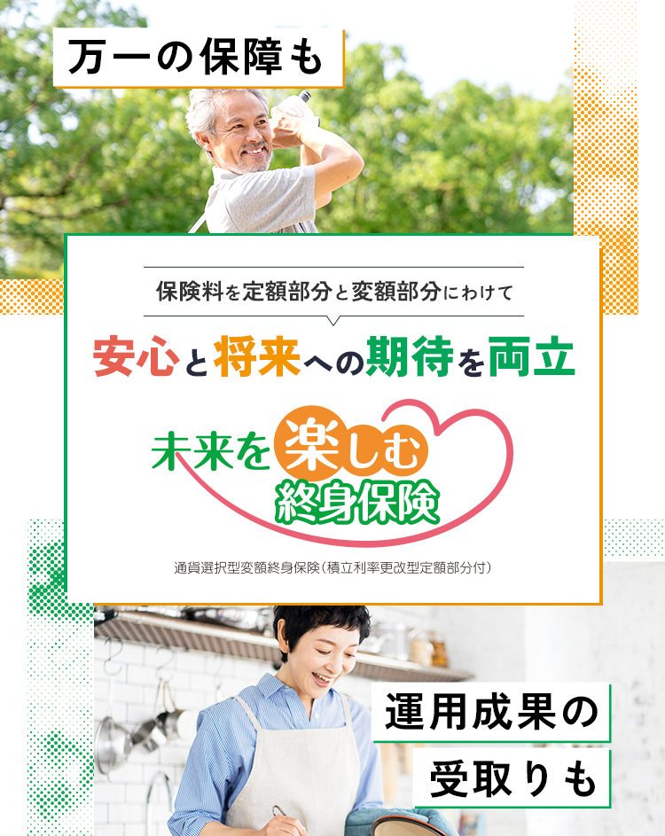保険料を定額部分と変額部分にわけて安心と将来への期待を両立 未来を楽しむ終身保険 通貨選択型変額終身保険(積立利率更改型定額部分付)